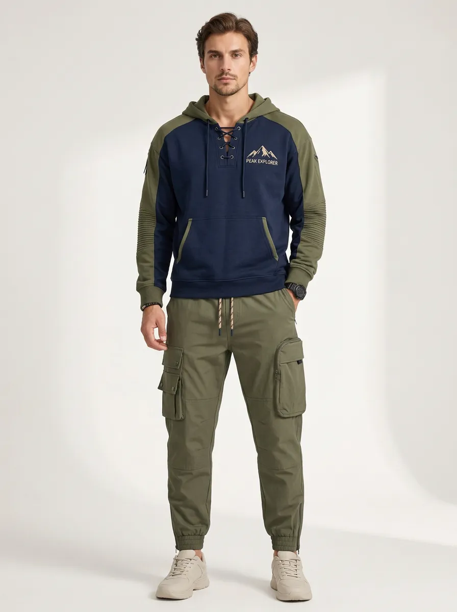 Daily Lace-Up Mountain Graphic Style Men's Lace Up Hoodie And Cargo Jogger Set