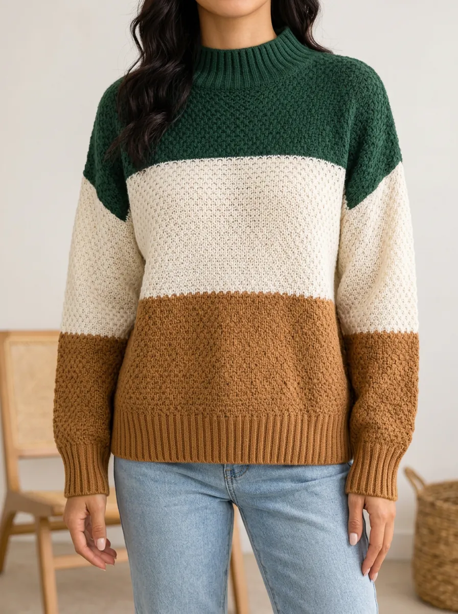 Mock Neck Sweater with Colorblock Panels and Textured Knit Texture