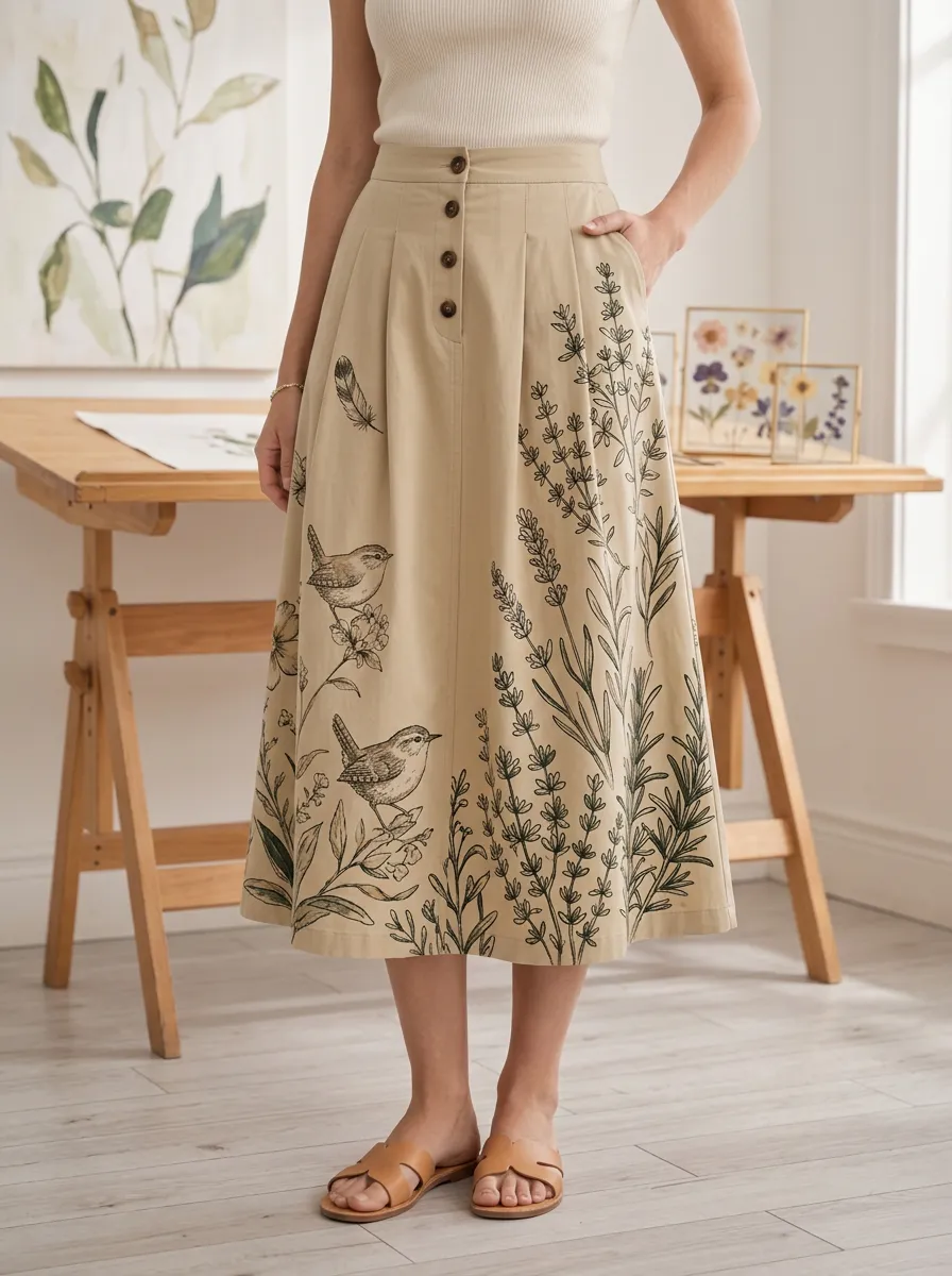 Women's Nature Lover Bird and Lavender Printed Midi Skirt