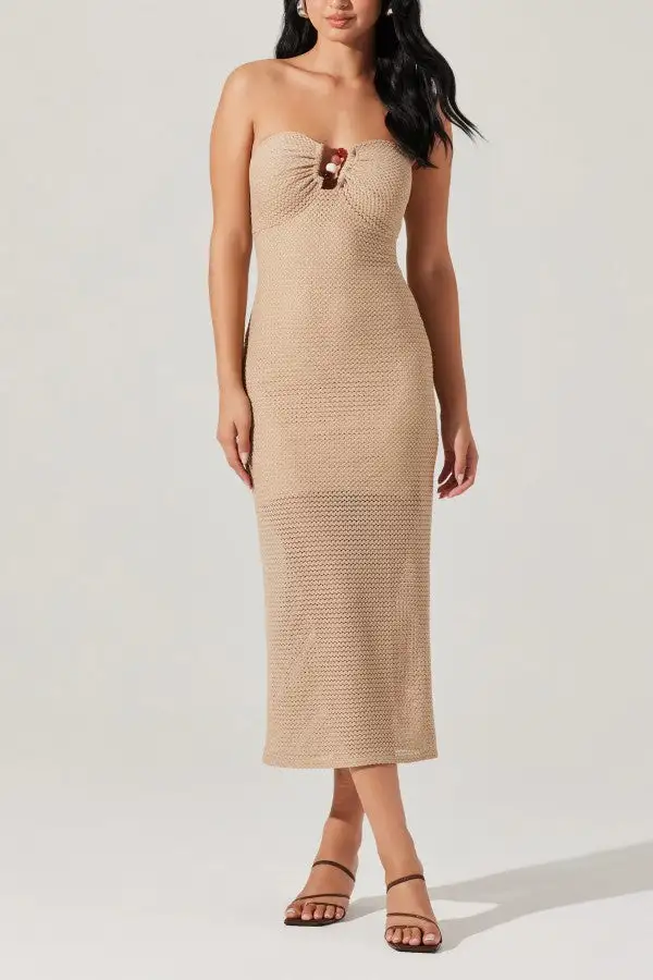Nude Knit Strapless Keyhole Maxi Dress