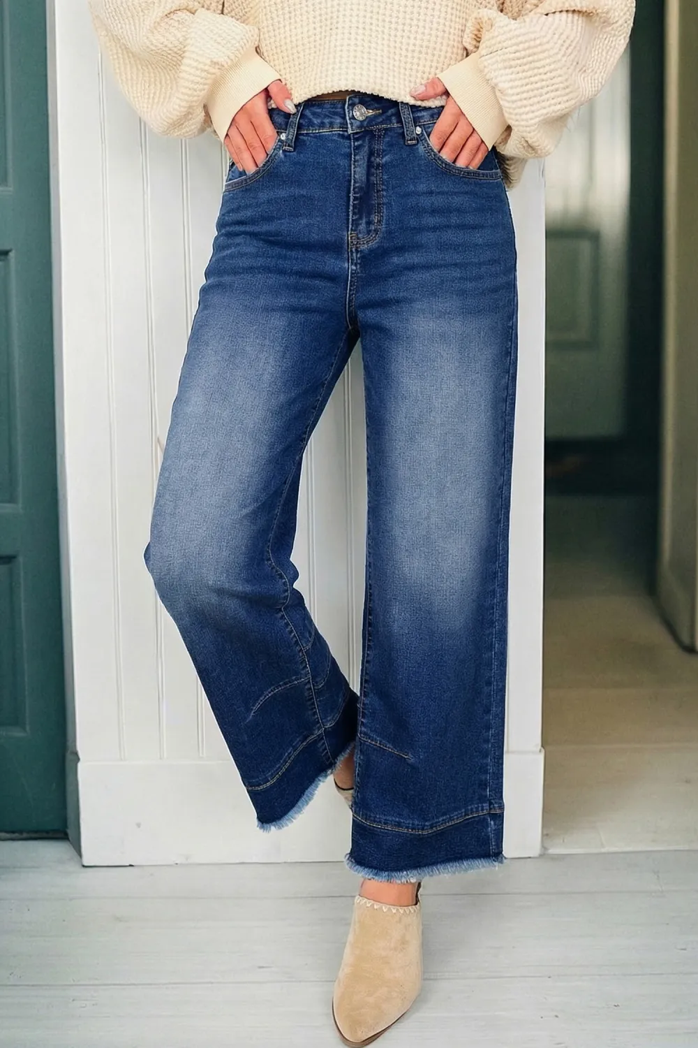 Blue Raw Hem Barrel Jeans
