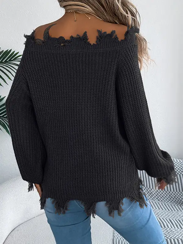 Ribbed Openwork Sheer Detail Off Shoulder Long Sleeve Sweater