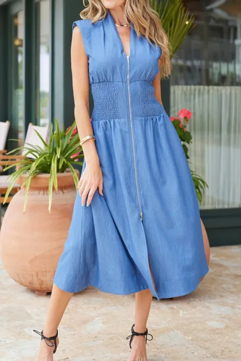Women's Blue Zip Front Tencel Midi Dress