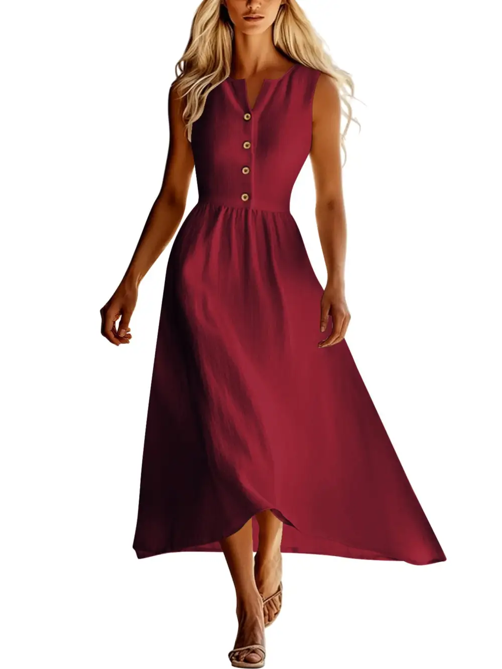 Sleeveless Button Front Flowy Midi Dress
