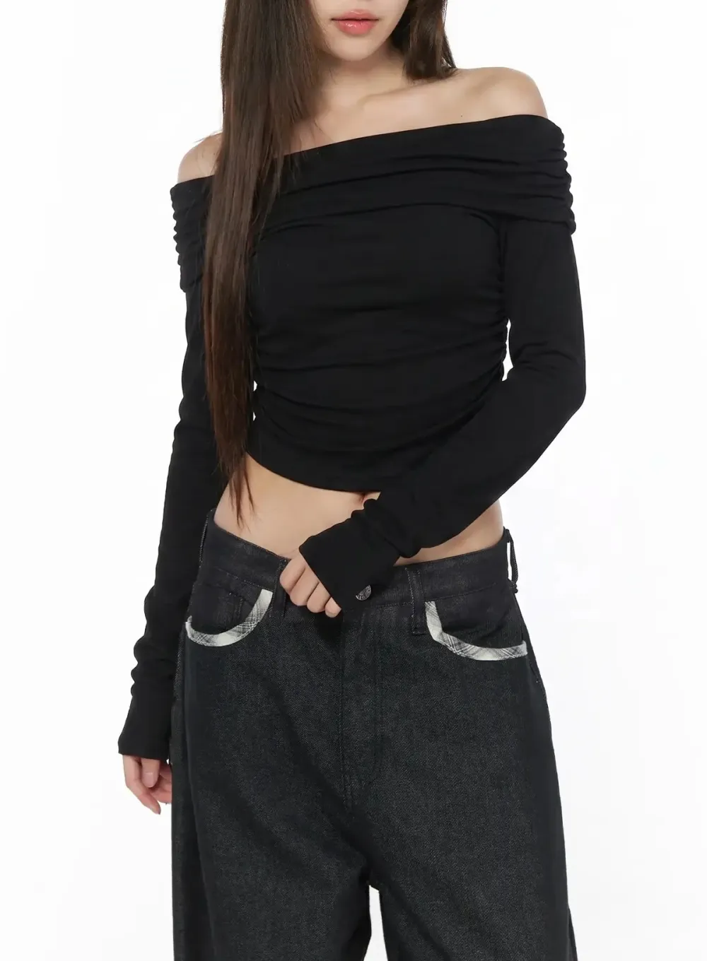 Ruched Off-The-Shoulder Long Sleeve Top