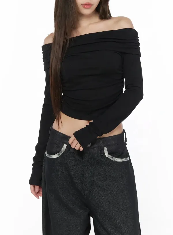 Ruched Off-The-Shoulder Long Sleeve Top