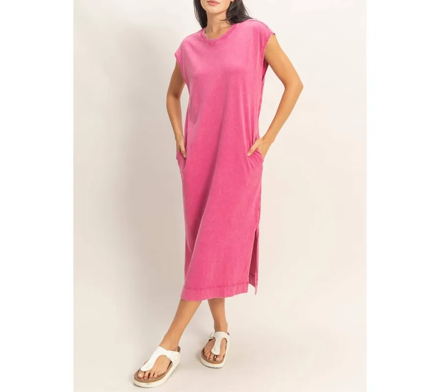 Chocolate Mineral-Wash Cap Sleeve Midi Dress