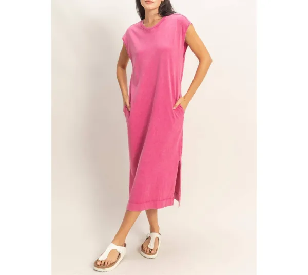 Chocolate Mineral-Wash Cap Sleeve Midi Dress