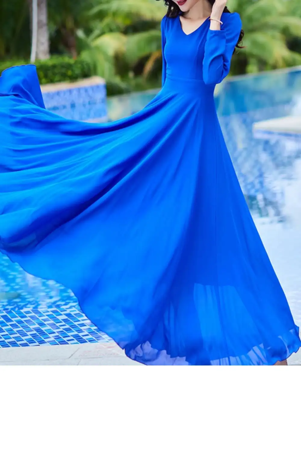 Chiffon Fit And Flare Long Sleeve Maxi Dress