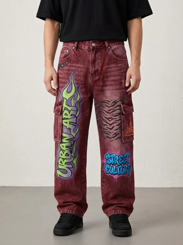 Men's Urban Art Flame Graffiti Cargo Jeans
