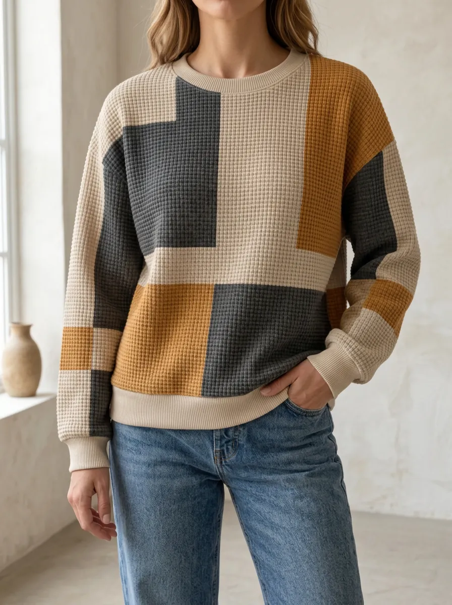 Women's Colorblock Geometric Pattern Long-Sleeve Waffle Knit Crewneck Sweatshirt