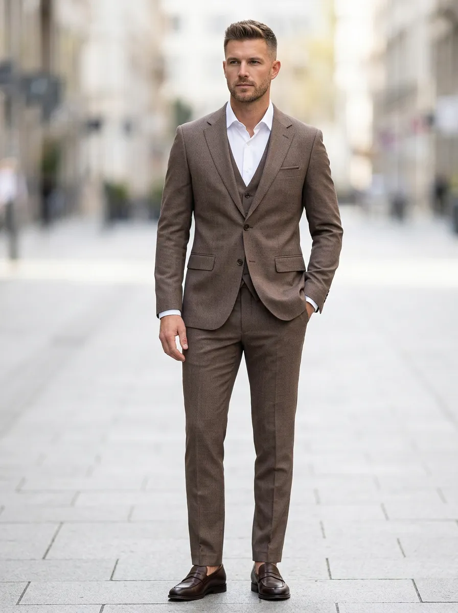 Men's Formal Business Brown Three-Piece Suit Set