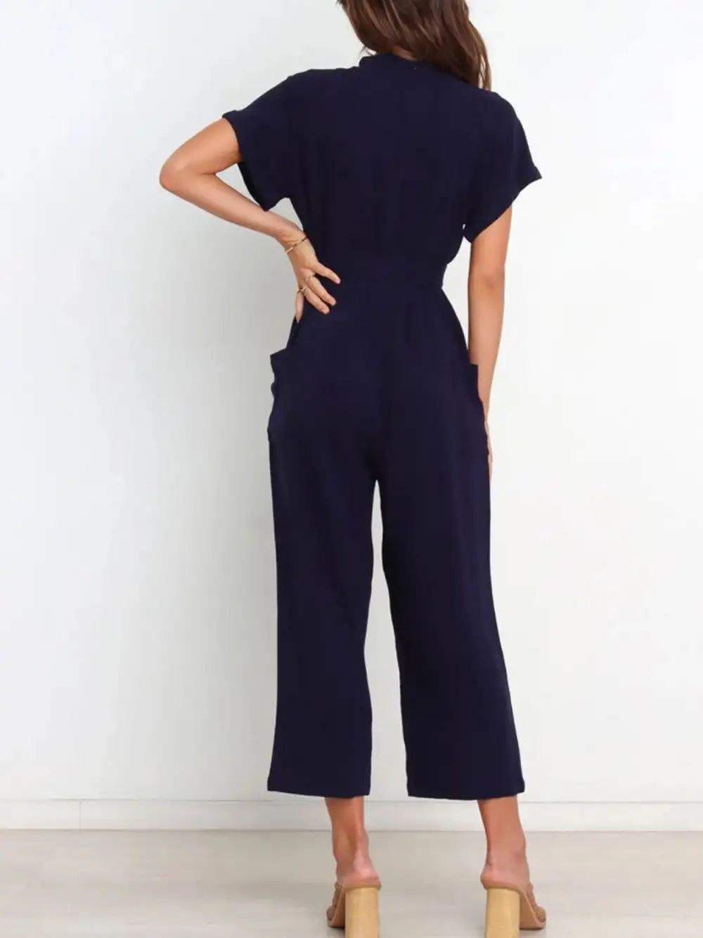 Notched Short Sleeve Tie Waist Jumpsuit Shorts