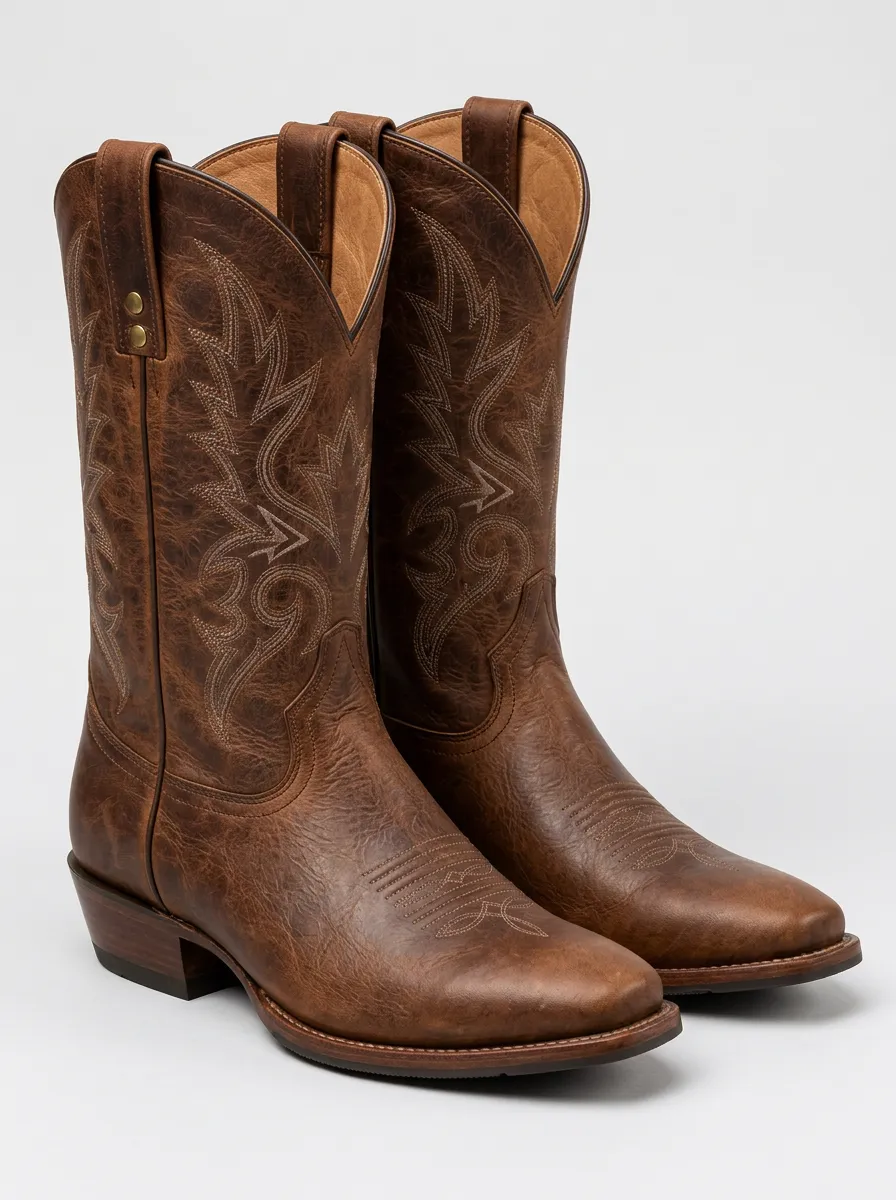 Men's Brown Leather Ranch Boots with Western Stitchwork