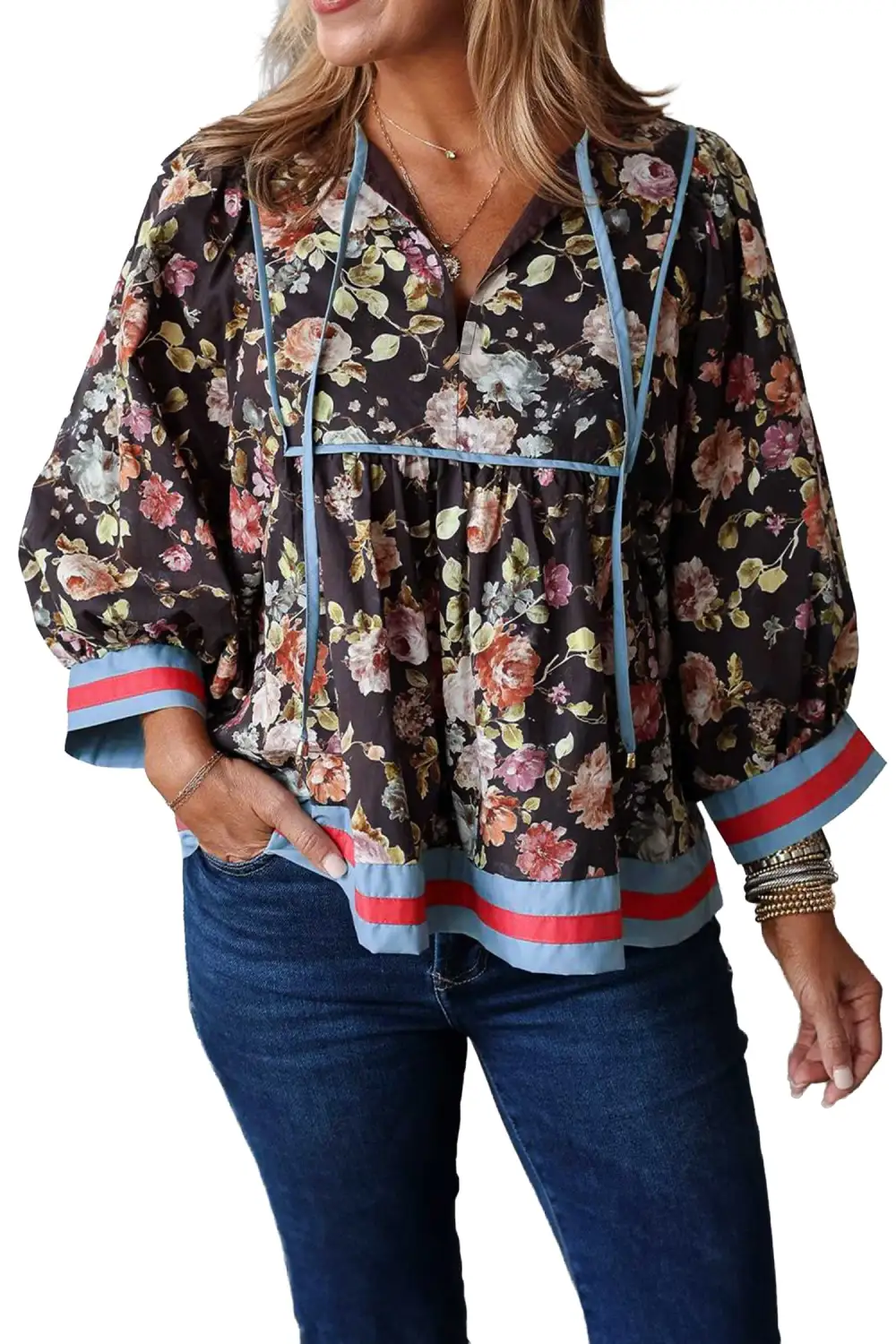 Women's Floral Print V Neck Bracelet Sleeve Top