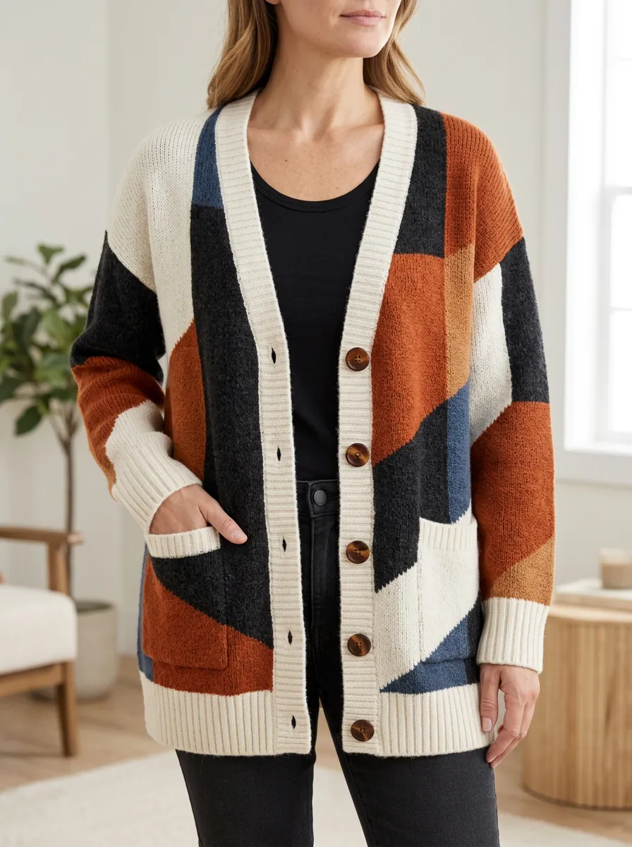 Women's Geometric Colorblock Pattern Printed Textured Knit Classic Daywear Cardigan