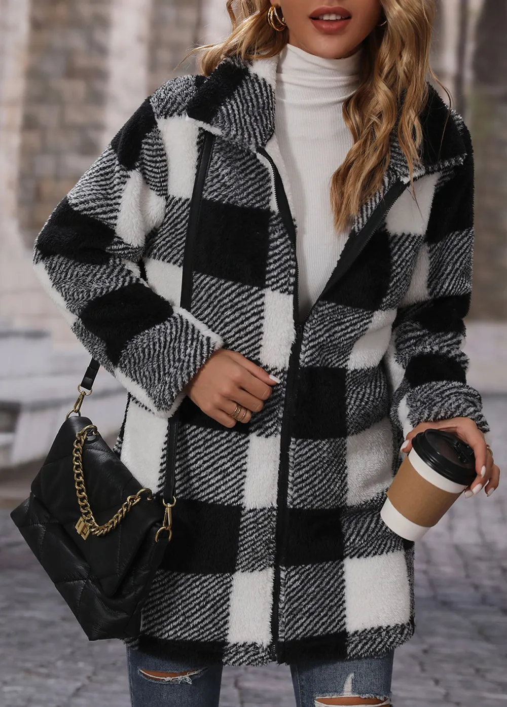 Black Pocket Plaid Long Sleeve Turn Down Collar Coat