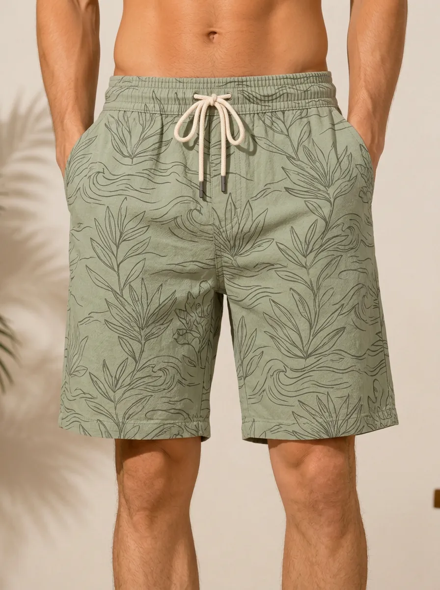 Men's Tropical Beachwear Sage Green Leaf Wave Printed Shorts