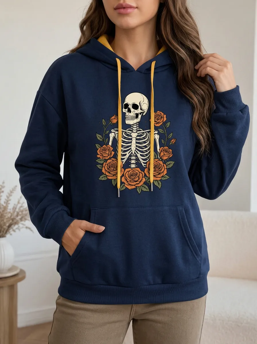 Women's Halloween Skeleton Floral Kangaroo Pocket Hoodie