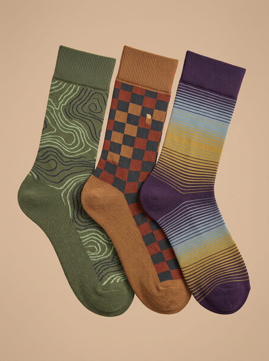 Men's Geometric Topographic Checkerboard Striped Three-Pack Socks