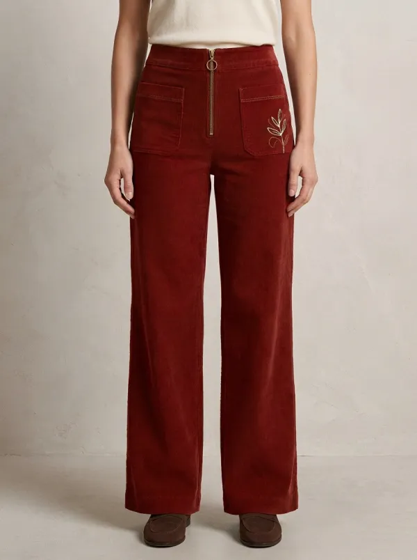 Women's Nature Lover Botanical Leaf Embroidered Corduroy Pants