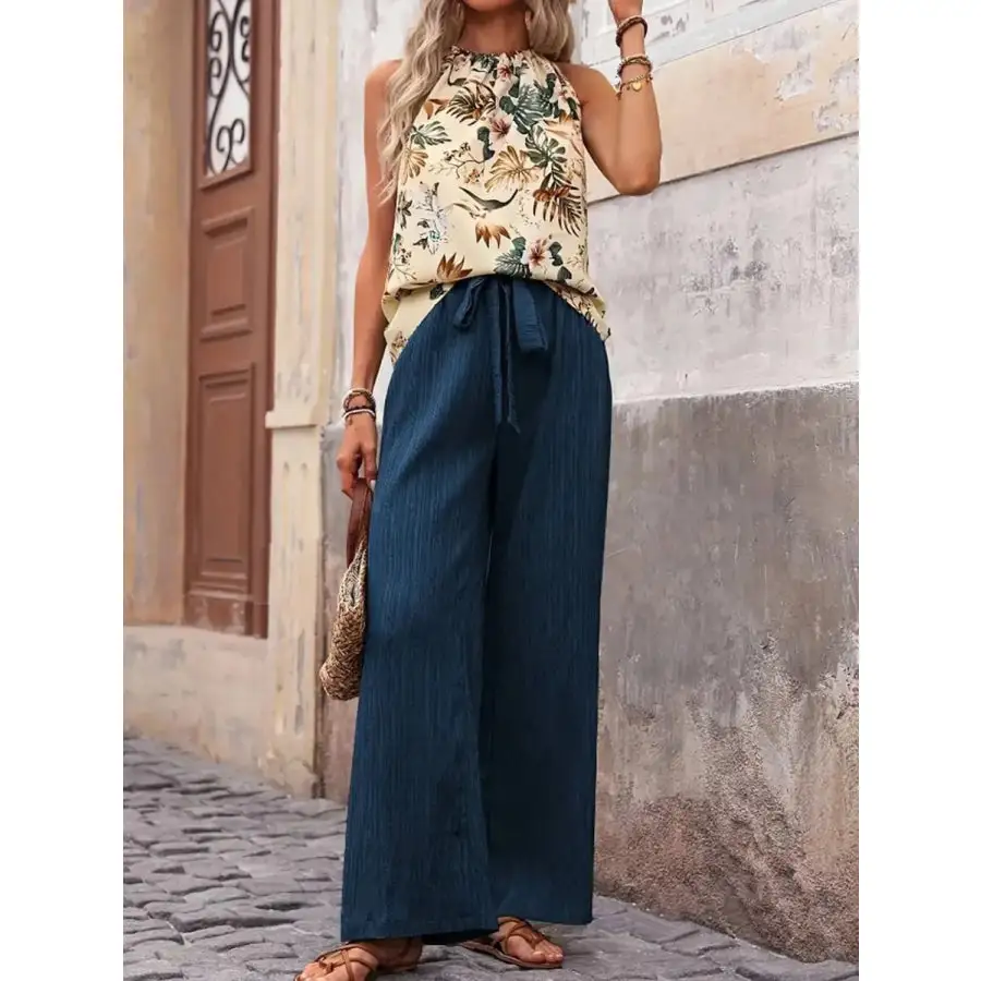Printed Tank Top and Wide Leg Pants Set