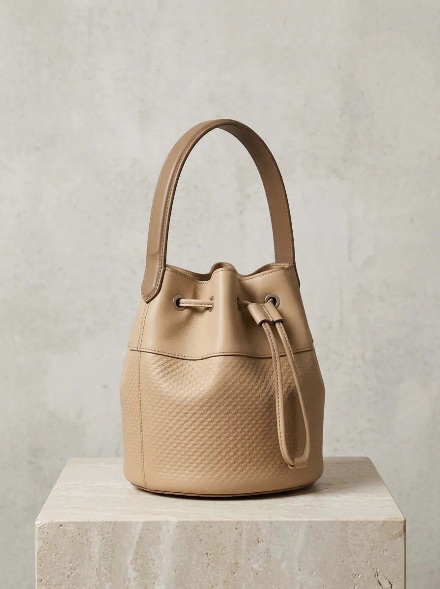 Women's Textured Mixed-Texture Drawstring Single-Handle Bucket Bag