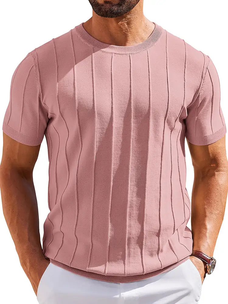 Casual Short Sleeve Shirt Ribbed Knit Pullover Tee
