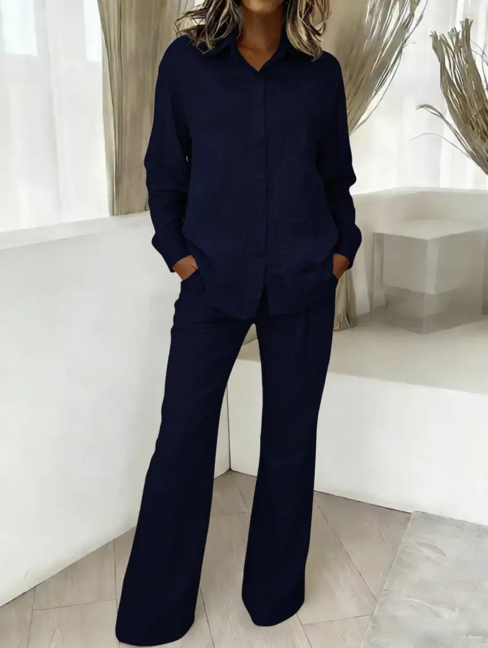 Shirt and Loose Wide-Leg Pants Suit