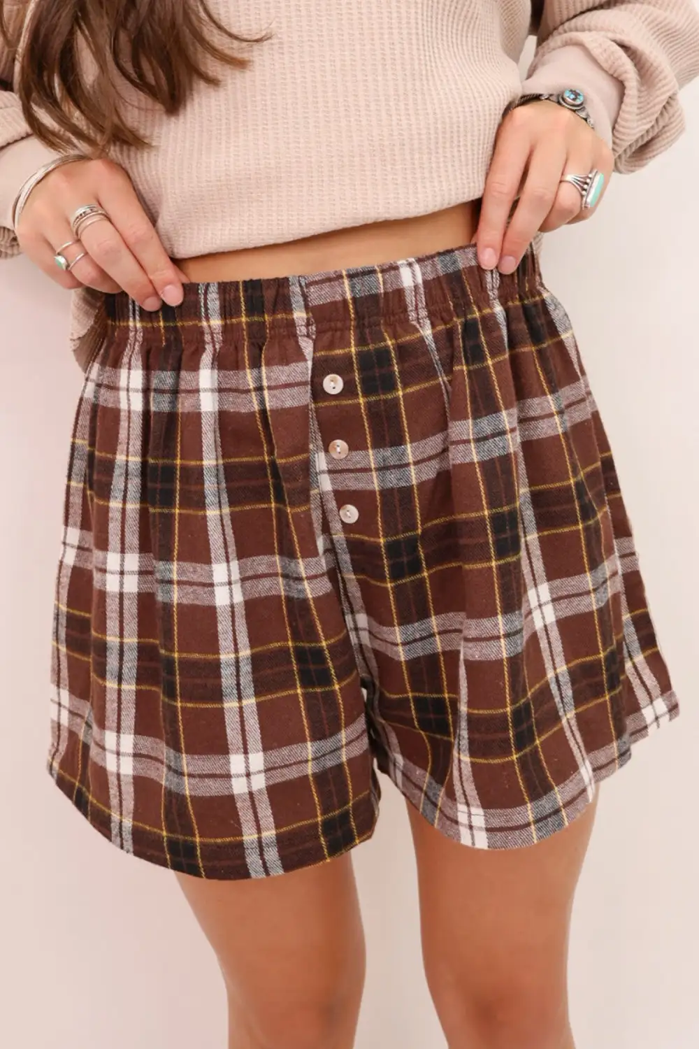 Elastic-Waist Button-Detail Button-Front Plaid Casual Shorts