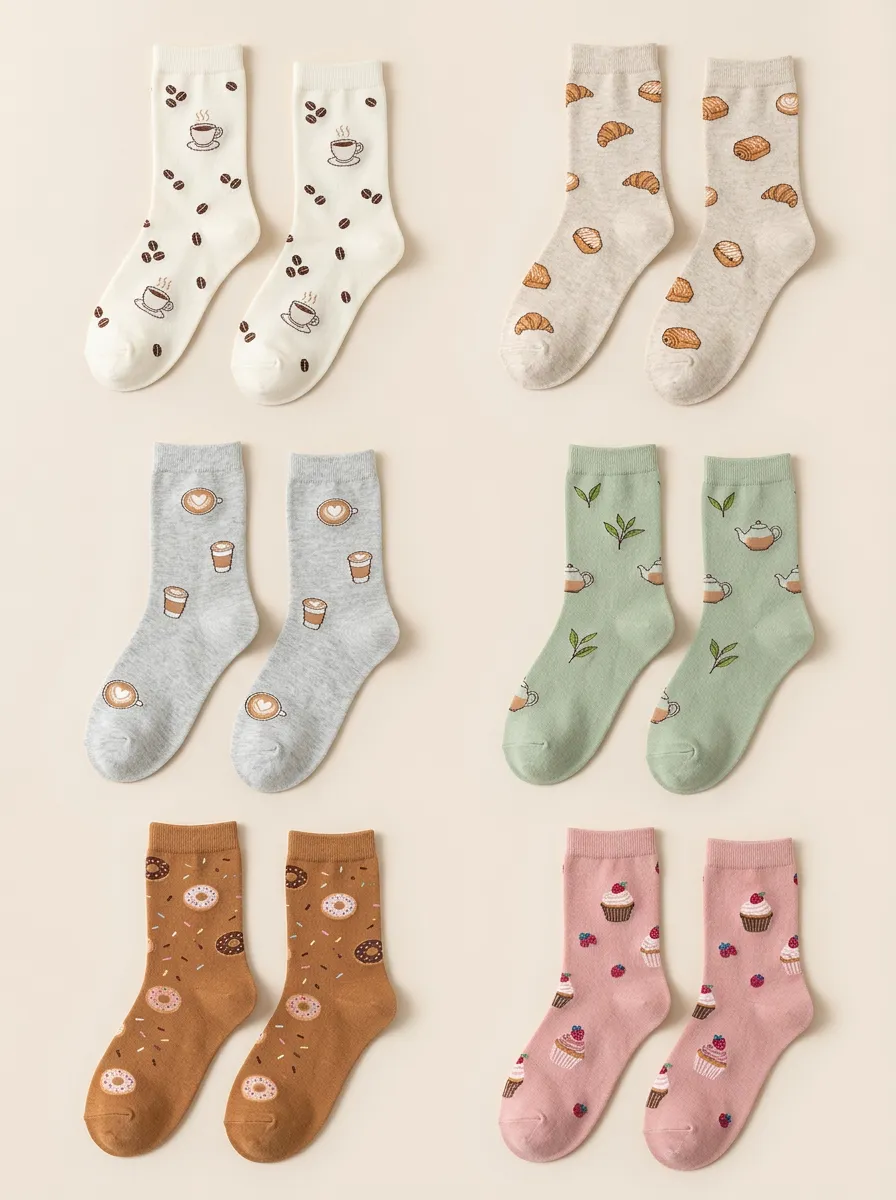 Women's Coffee Pastry Graphic Crew Socks Six Pair Set