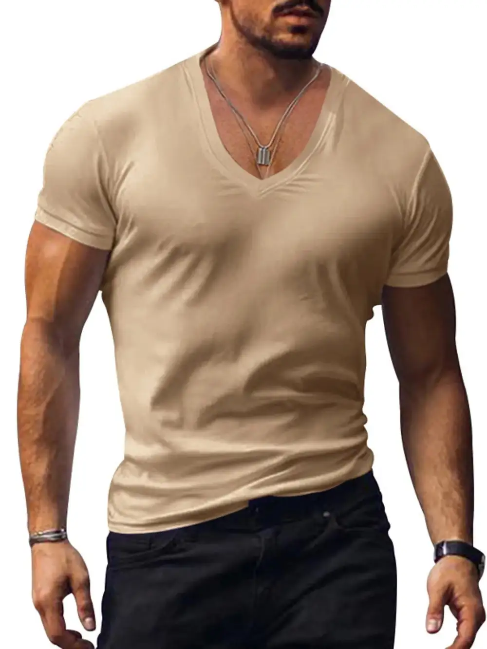 Polyester-Blend V-Neck Short-Sleeve T-Shirt