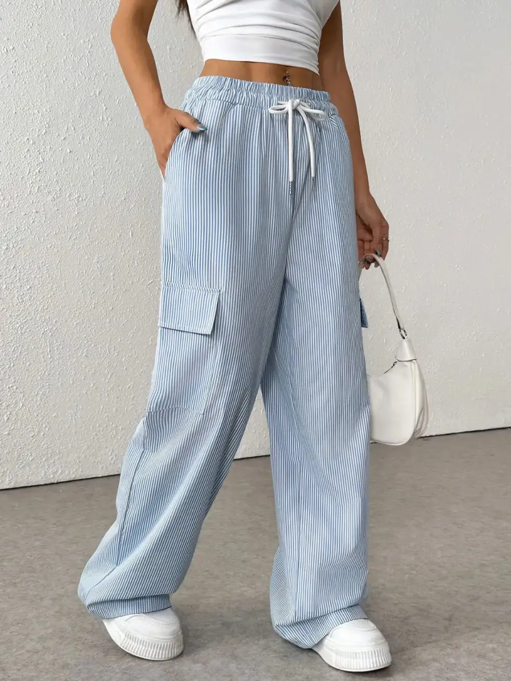 Wide Leg Drawstring Striped Pocketed Cargo Pants