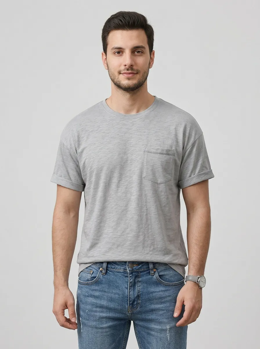 Men's Casual Streetwear Grey Pocket T-shirt and Blue Denim Jeans Set