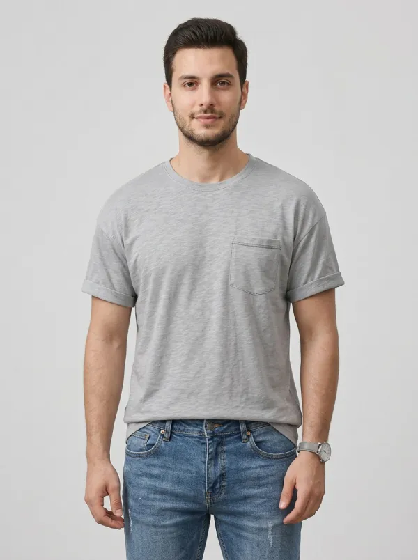 Men's Casual Streetwear Grey Pocket T-shirt and Blue Denim Jeans Set