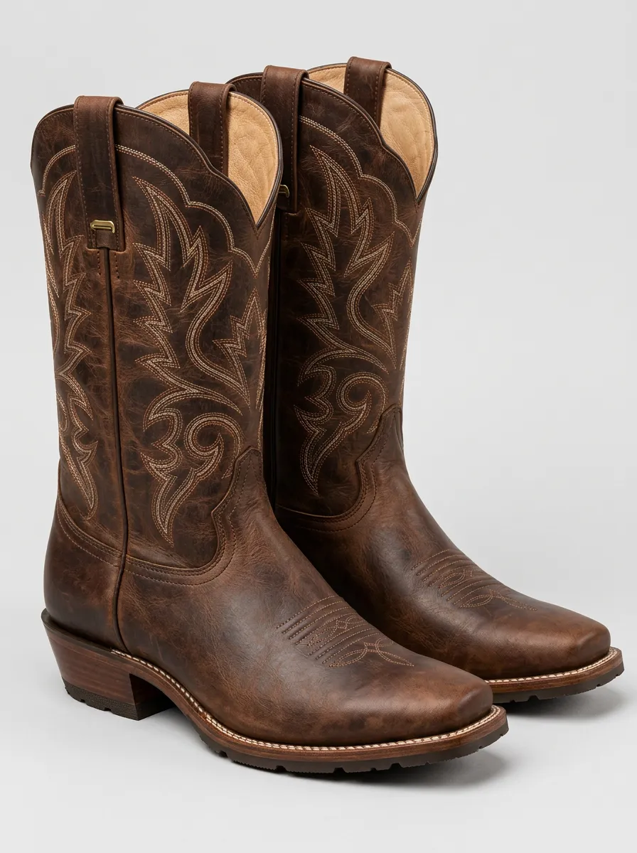 Men's Brown Leather Embroidered Cowboy Style Boots