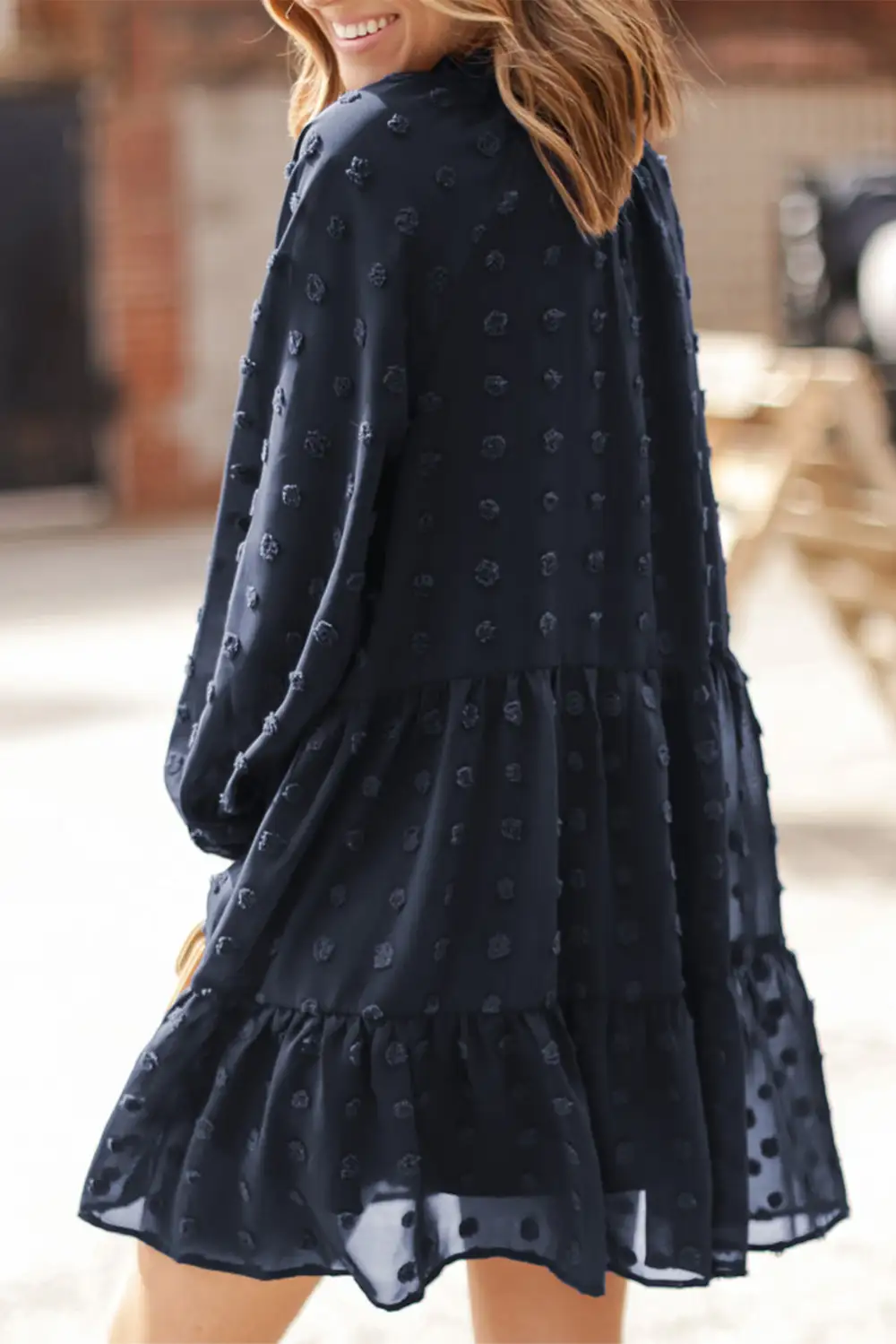 Dark Swiss Dot Mesh Long Puff Sleeve Mini Dress