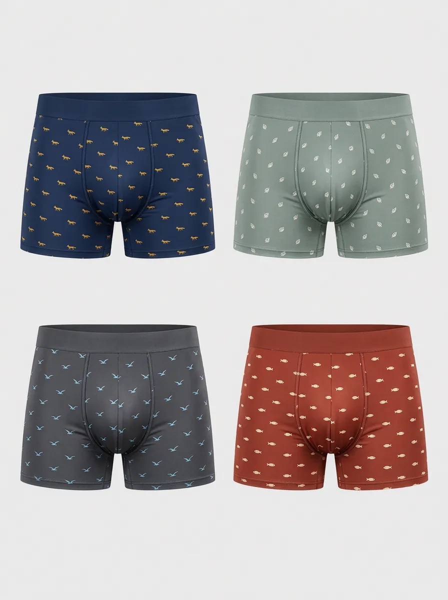 Men's Animal Pattern Fox Fish Bird Printed Boxer Briefs 4-Pack
