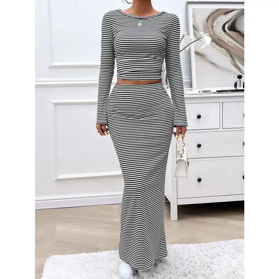 Striped Boat Neck Top and Skirt Set