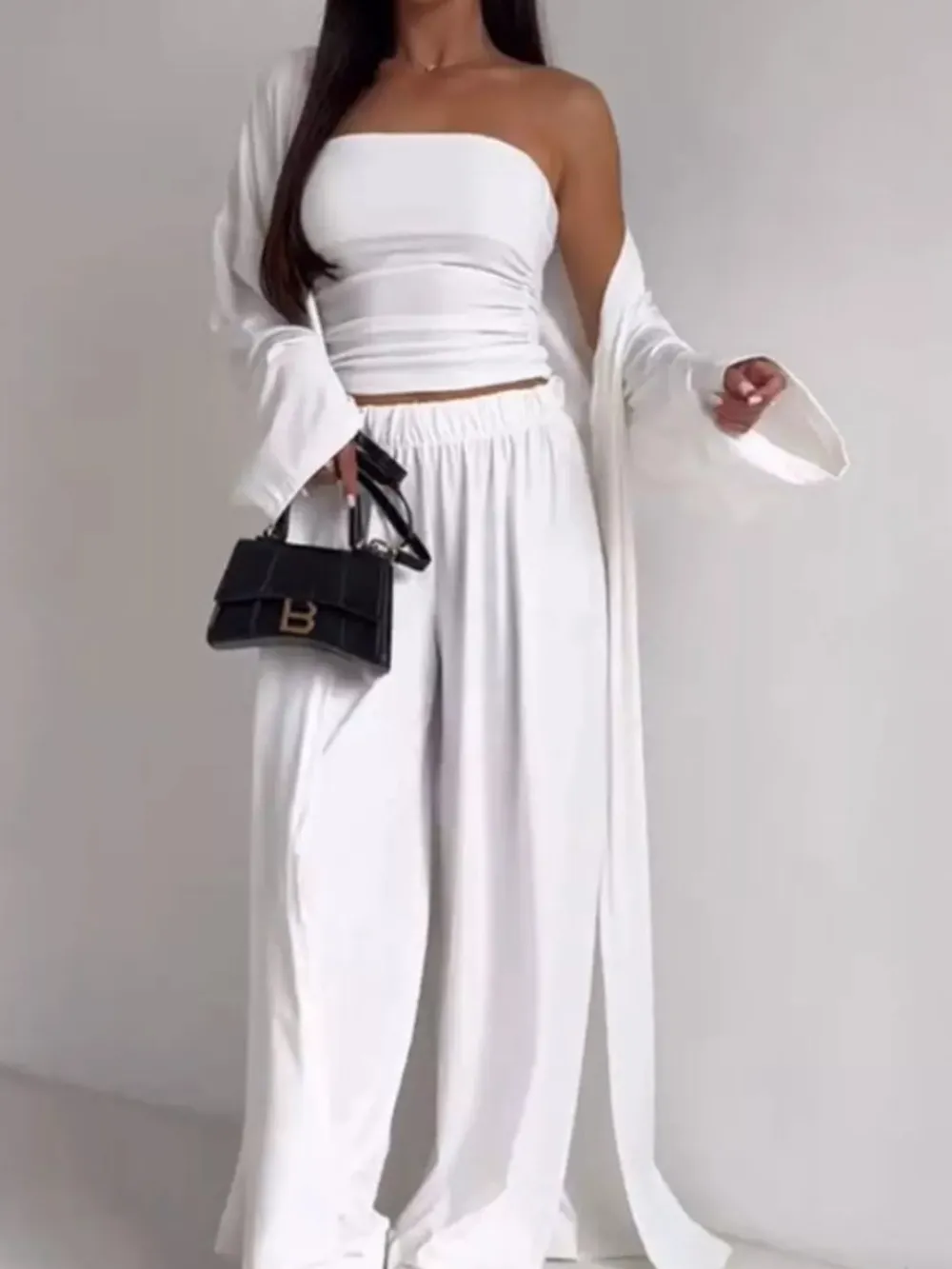 Tube Top & Cardigan & Wide Leg Pants Piece