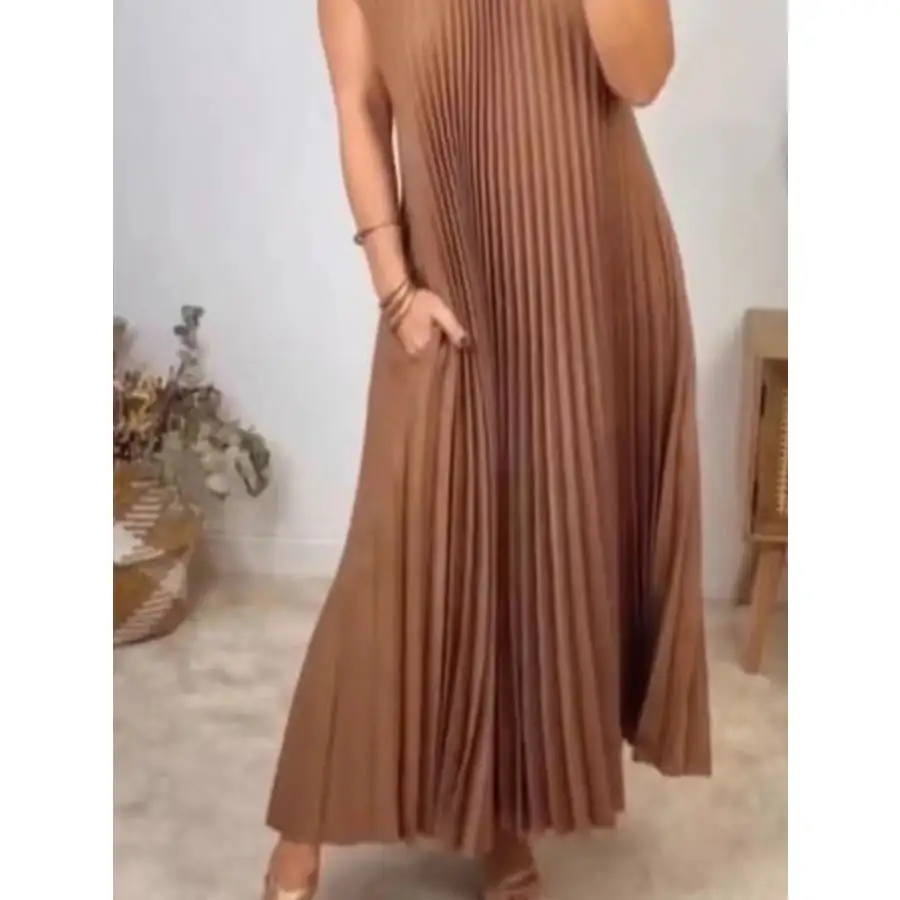 Classic Full Size Pleated Round Neck Maxi Dress Plus Size