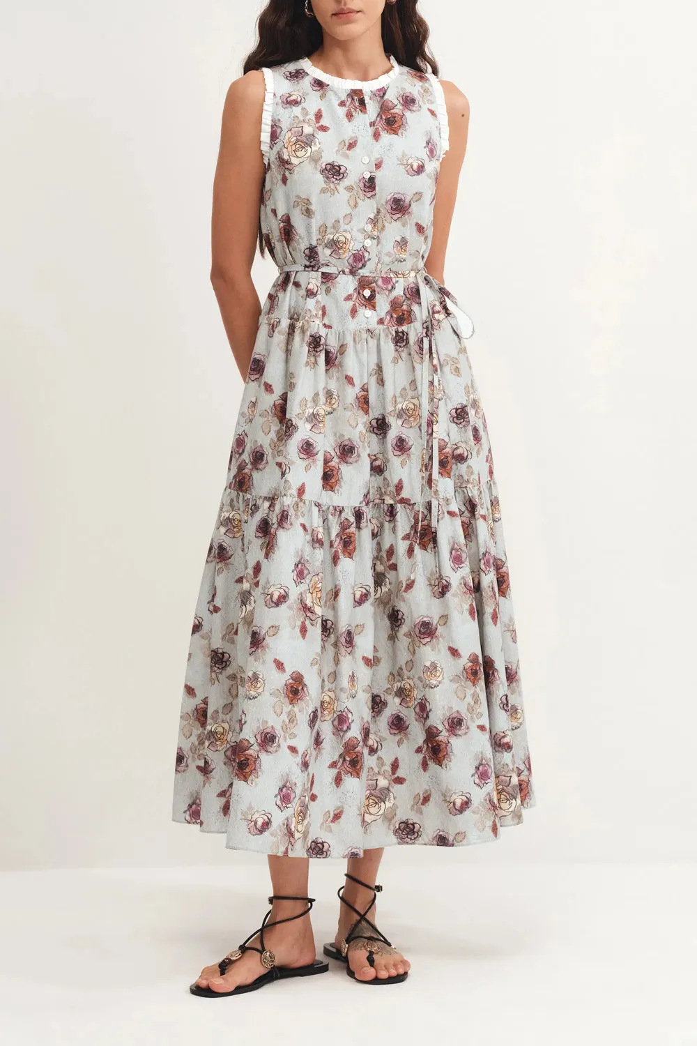 Ruffled Hand-Painted Printed Floral Silk Cotton Dress