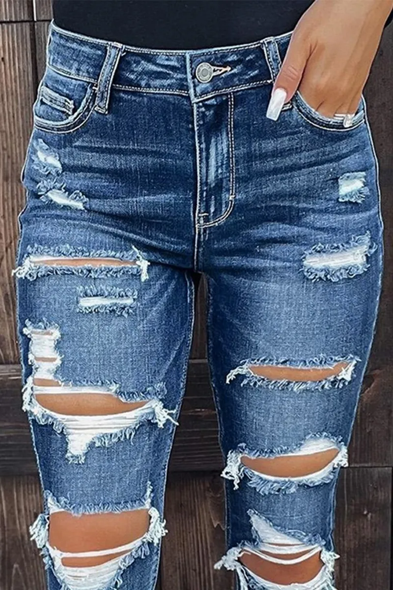 Ladder Ripped Rolled Hem Mid Waist Skinny Jeans