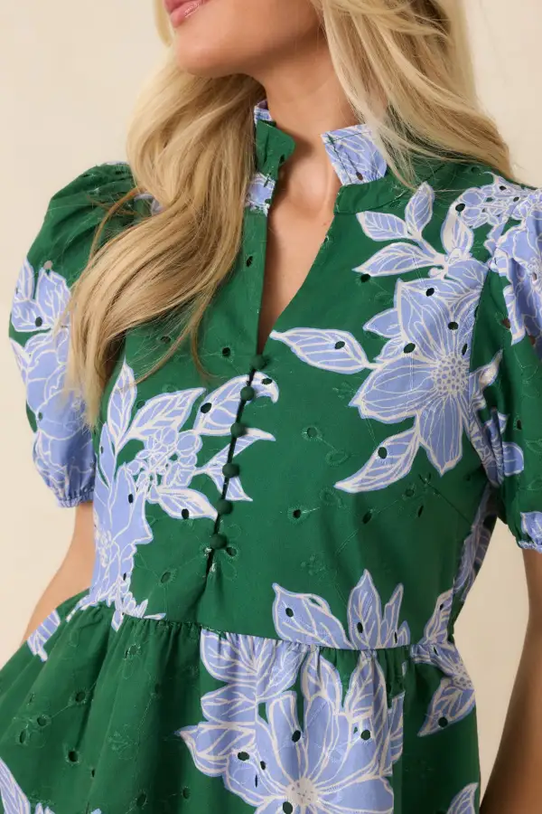 Button-Front Short-Sleeve Peplum Puff-Sleeve Top