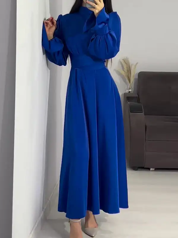 Sleeves Color Pleated Long Neck Maxi Dress