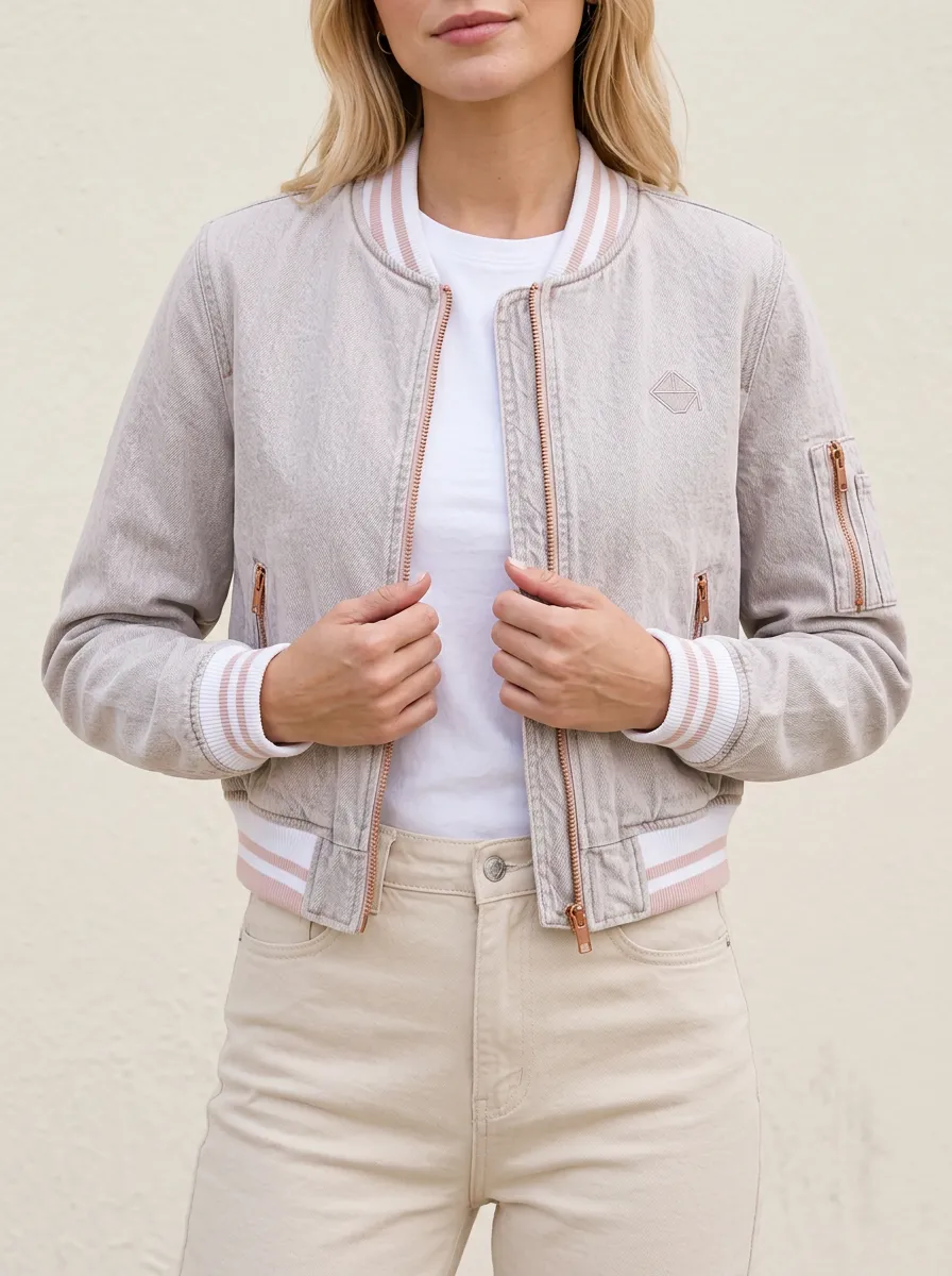 Women's Beige Striped Ribbed Trim Zip-Up Bomber Jacket