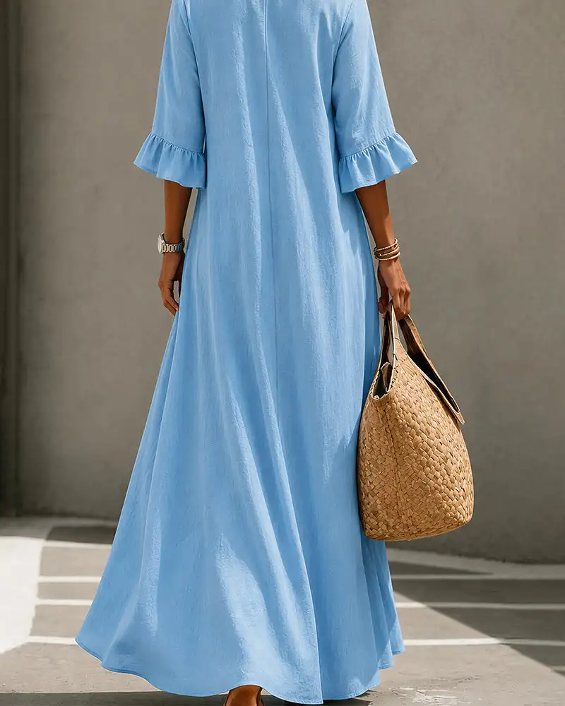 Effortless Boho V-Neck Ruffle Sleeve Maxi Dress
