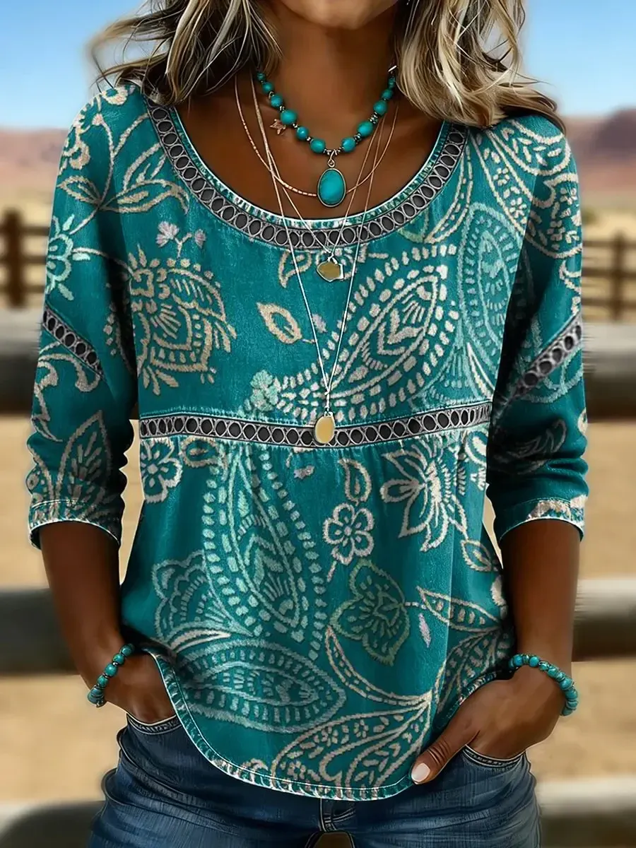 Women's Retro Western Art Print Casual T-shirt