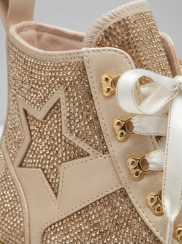 Lace-Detail Lace-Up High-Top Star-Pattern Women's Rhinestone Platform Shoes