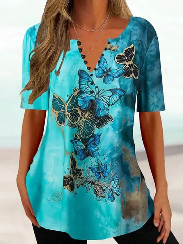 Women's T shirt Tee Black Pink Blue Floral Butterfly Button Print Short Sleeve Casual Basic V Neck Regular Floral Butterfly S